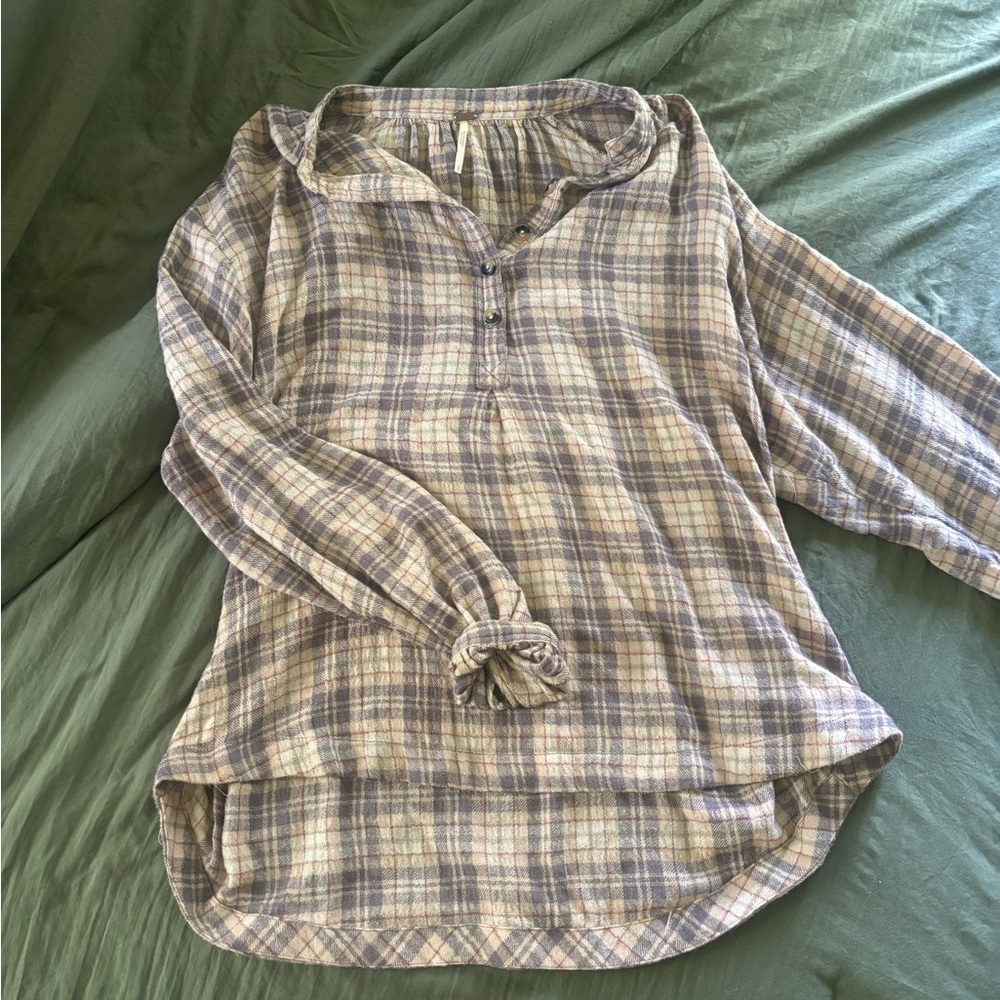 Free People Plaid Button Henley Tunic Top